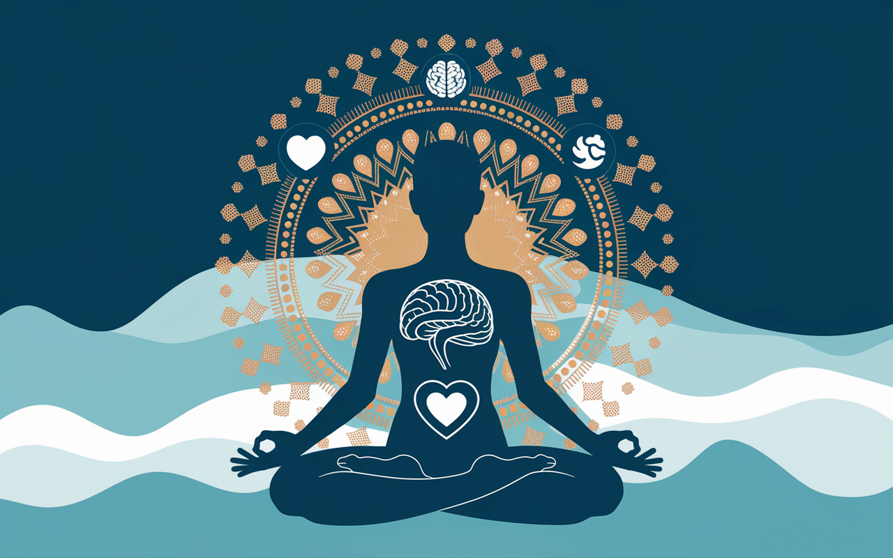 silhouette meditation avec aura dorée et symboles bienfaits magnesium marin