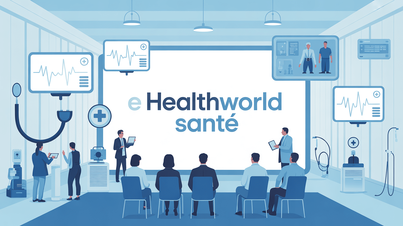 Illustration congrès e healthworld santé avec participants et technologies médicale