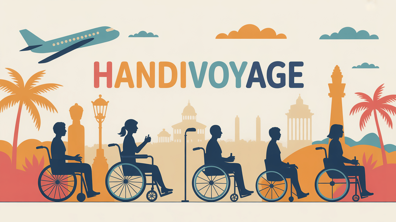 Personnes avec handicaps devant paysages touristiques