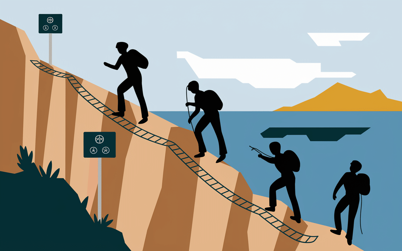 Illustration schématique des parcours via ferrata avec grimpeurs