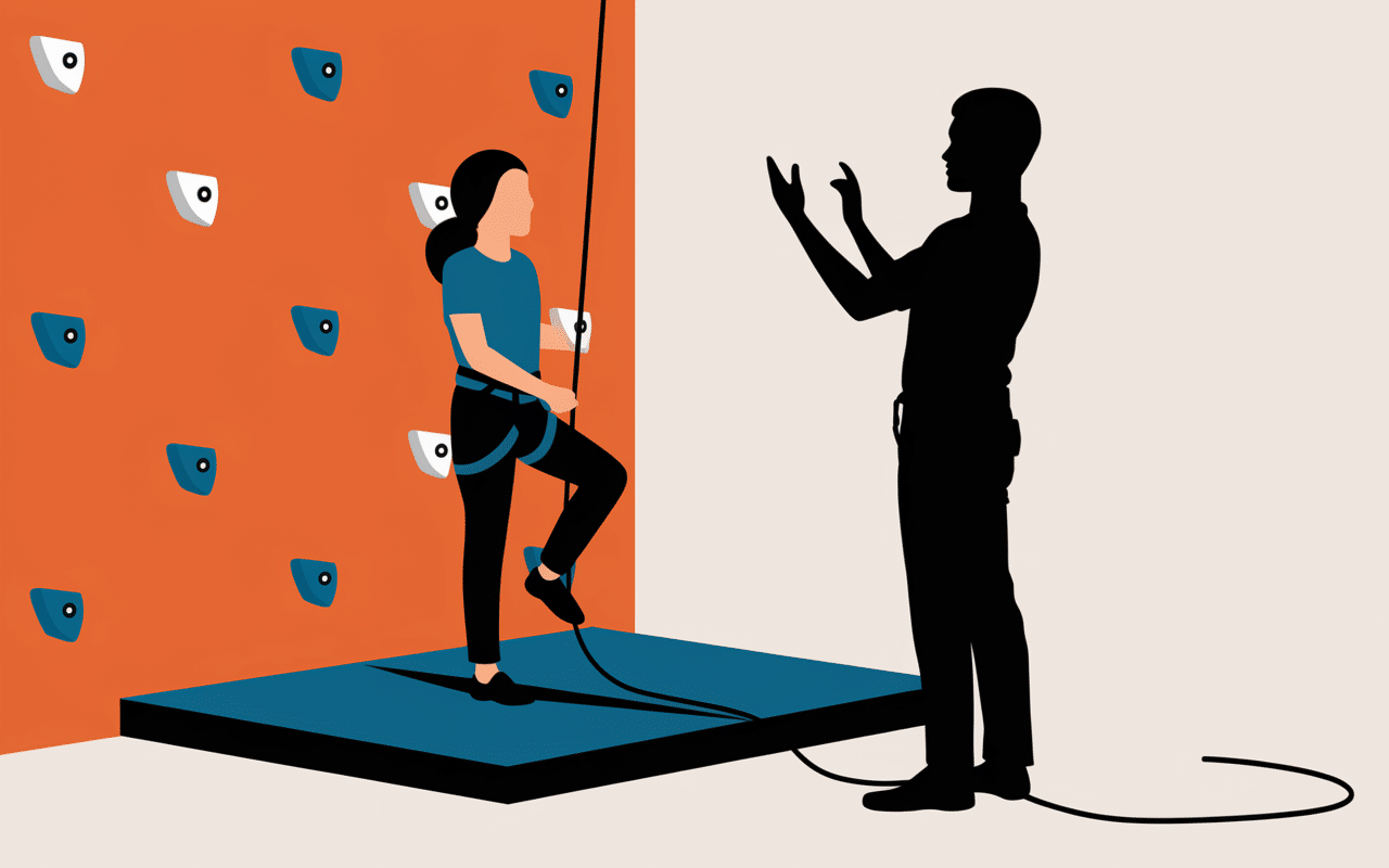 Débutant climb up avec instructeur mur escalade