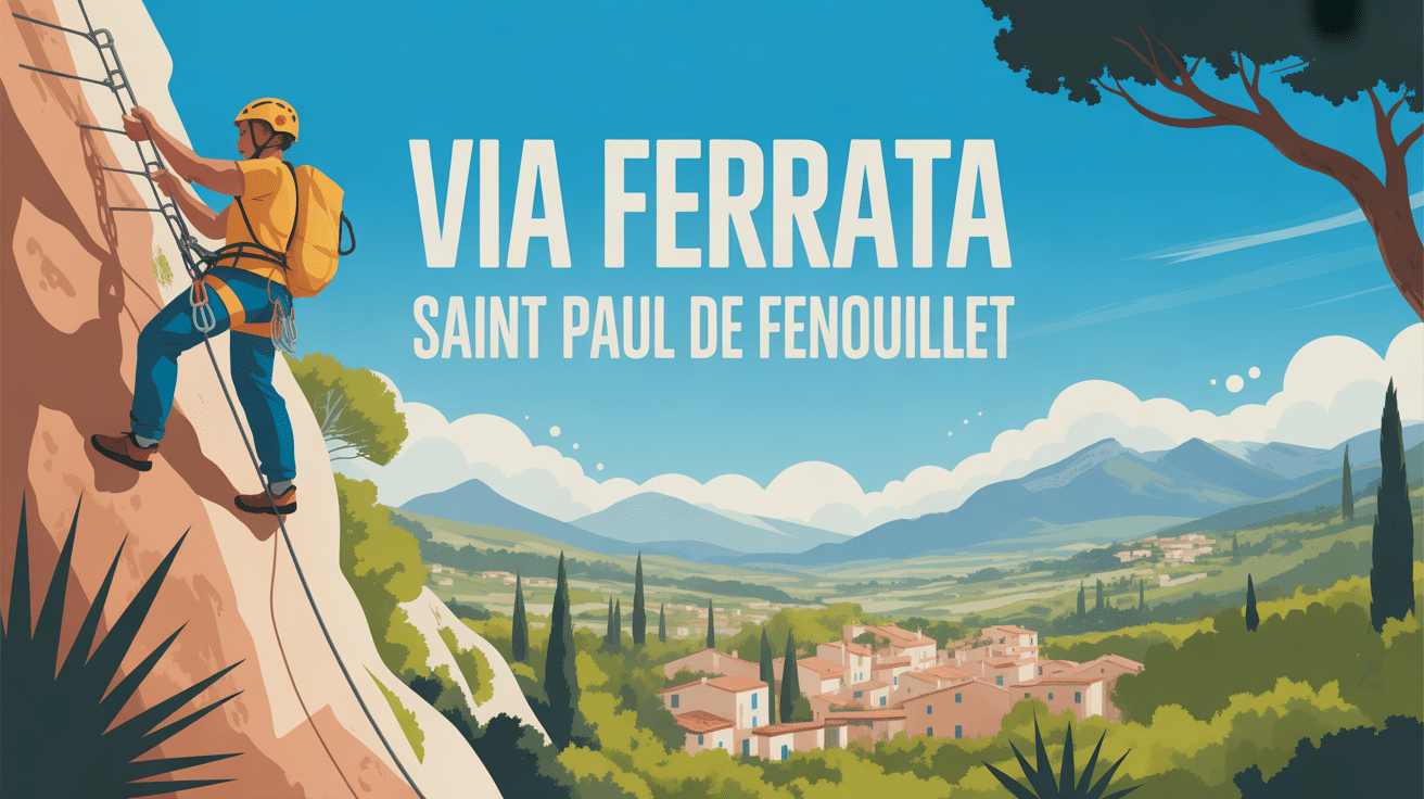 Grimpeur équipé sur paroi rocheuse au-dessus de la vallée méditerranéenne