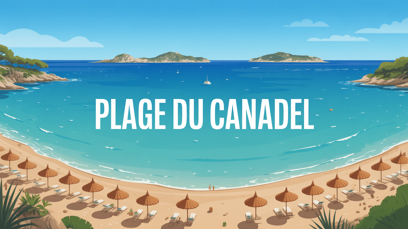 Vue plage du Canadel avec sable fin et îles