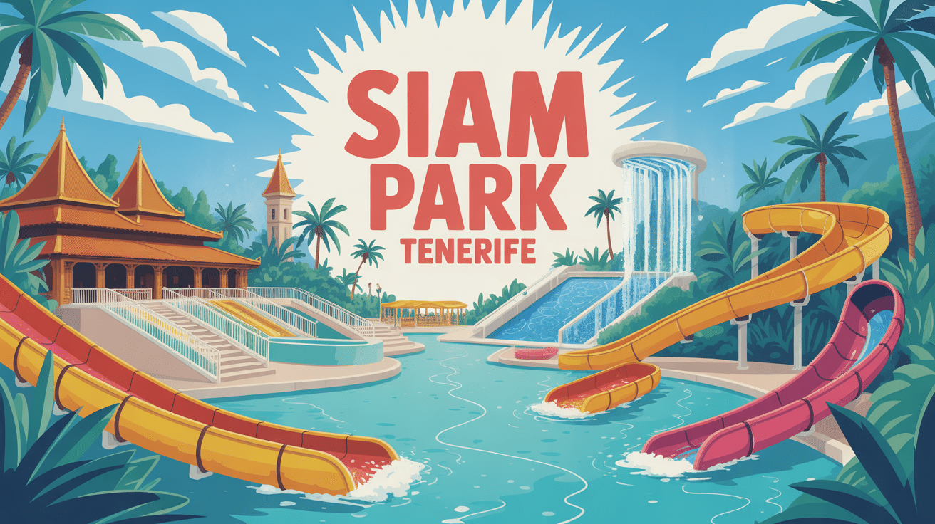 Panorama de Siam Park Tenerife avec toboggans et architecture asiatique