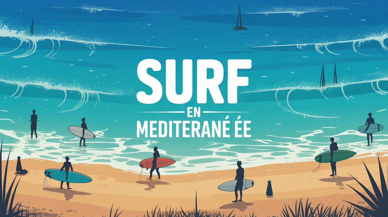 plage surf mediterranee avec vagues turquoise et surfeurs