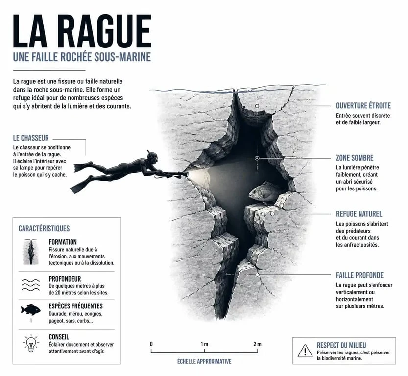 Schéma explicatif de la technique de chasse sous-marine en rague et du déraguage