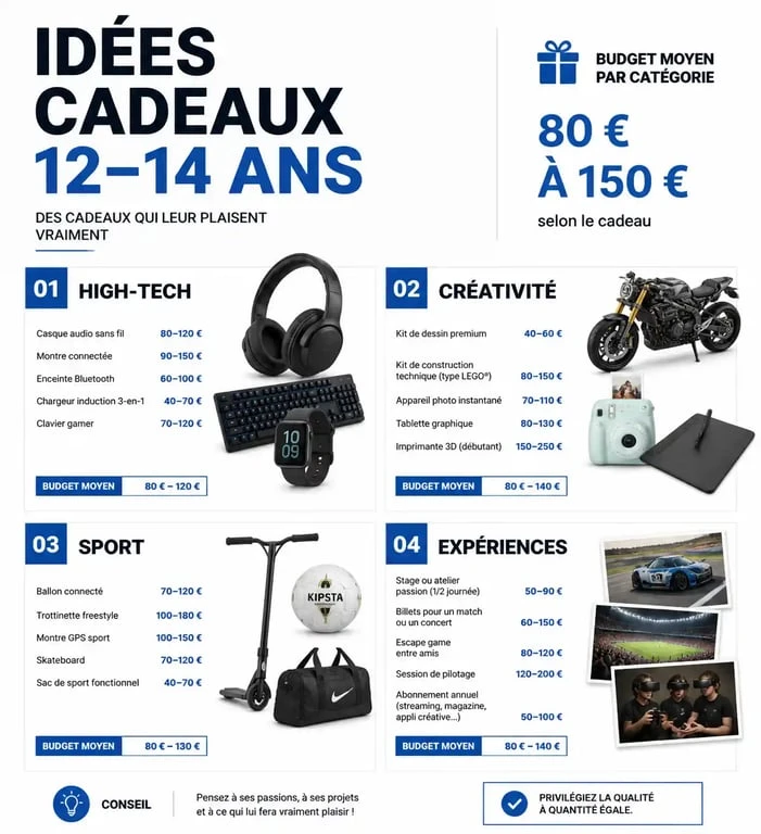 Infographie des meilleures idées de cadeau garçon 12-14 ans par catégorie et budget