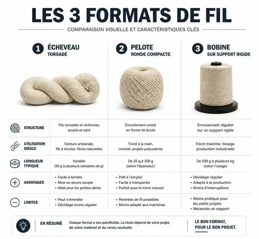 Comparaison visuelle entre un écheveau, une pelote et une bobine de fil pour le tricot et la couture