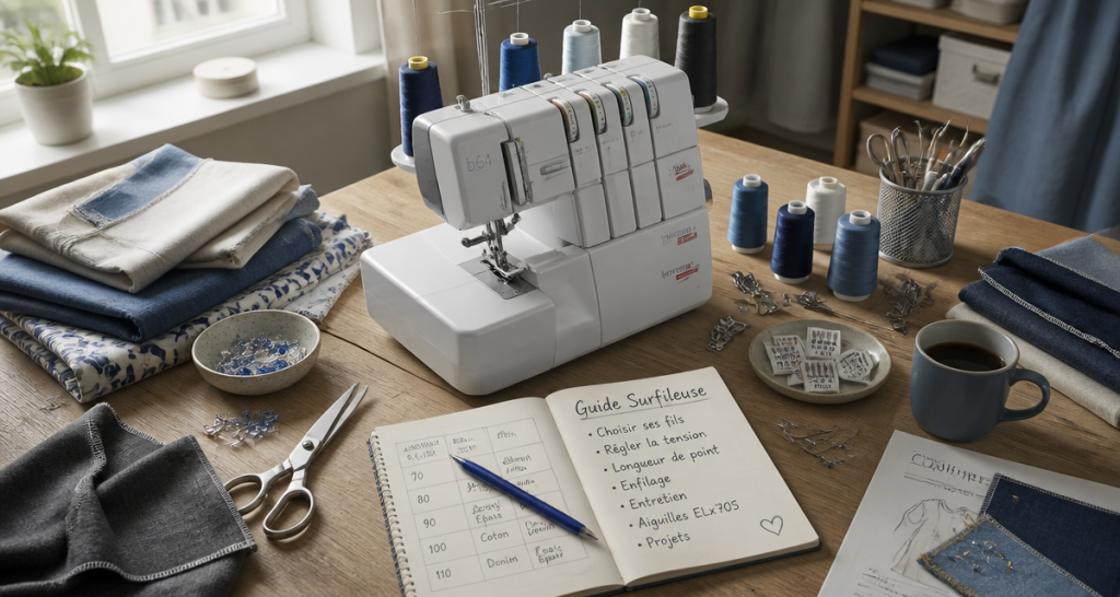 surfileuse domestique sur table avec tissus et outils