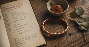 bracelet cuivre artisanal sur table bois