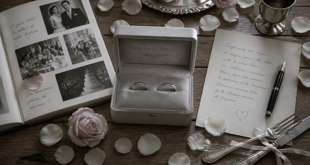 cadeau 25 ans de mariage alliances argent et coffret