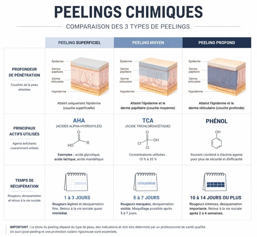 Infographie comparative des trois types de peelings : superficiel, moyen et profond, expliquant les actifs et le temps de récupération.