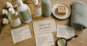 Gel douche que choisir, flacons et étiquettes INCI sur table