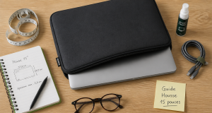 housse ordinateur 15 pouces noire sur bureau avec accessoires