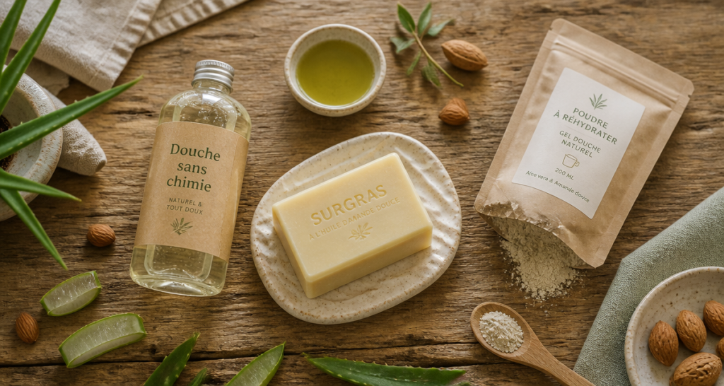 meilleur gel douche sans produits chimiques sur table en bois
