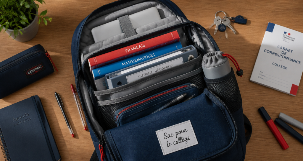 sac pour le collège ouvert avec fournitures et ordinateur