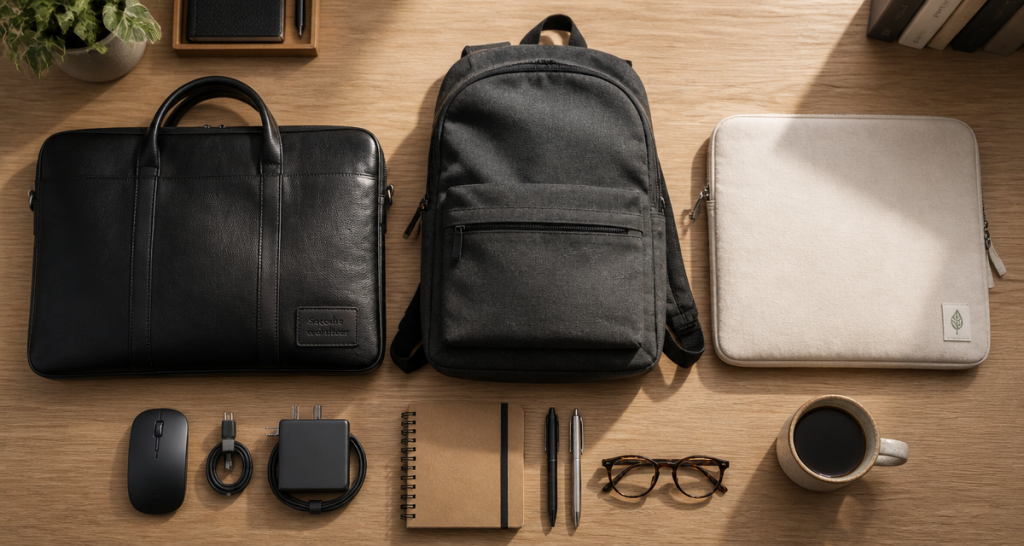 Sacoche pour ordinateur trois formats sur bureau