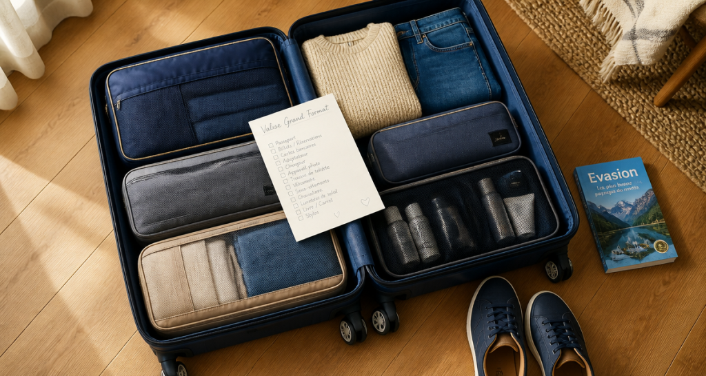 valise grand format ouverte et organisée