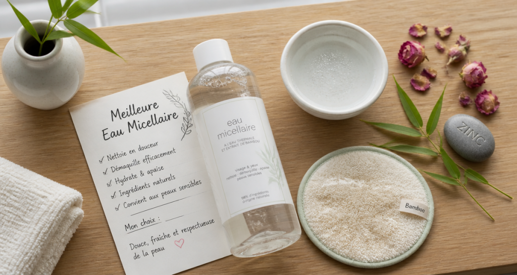 eau micellaire meilleure sur table avec ingrédients naturels