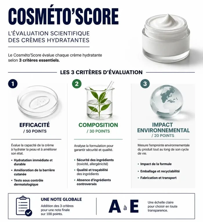 Infographie des critères de sélection de la meilleure crème corps selon 60 Millions de Consommateurs et le Cosméto'Score