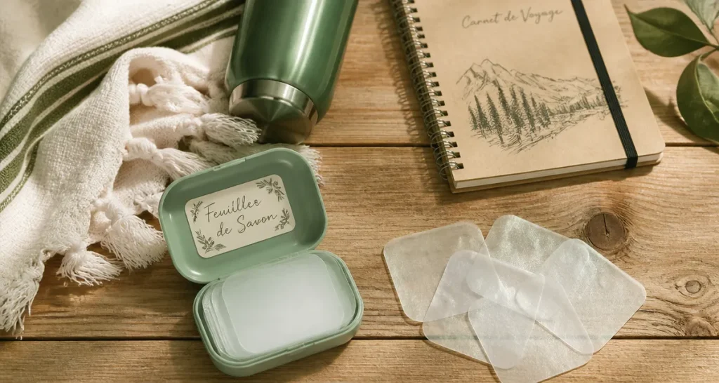 feuilles de savon translucides avec étui de voyage