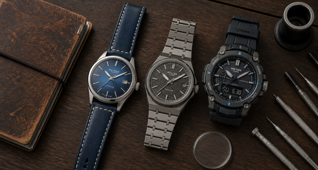 Montre homme 2025 trois modèles sur table bois