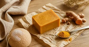 Savon curcuma artisanal au curcuma sur éponge konjac