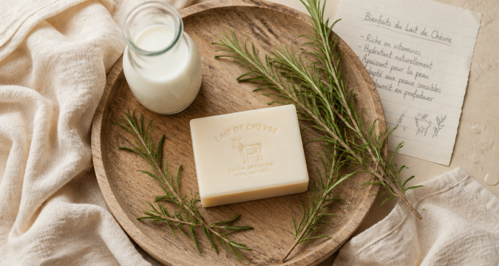 savon lait de chèvre bienfaits sur plateau bois romarin
