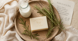 savon lait de chèvre bienfaits sur plateau bois romarin