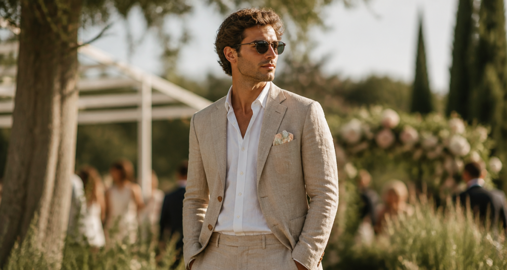 tenue mariage homme été costume lin beige jardin