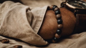 Bracelet en bois homme en ébène et noyer, gros plan poignet