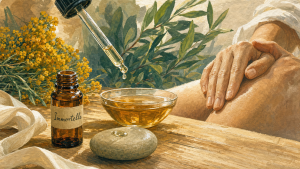 Huile essentielle immortelle utilisation : flacon sur table, massage bleus, circulation, cicatrices
