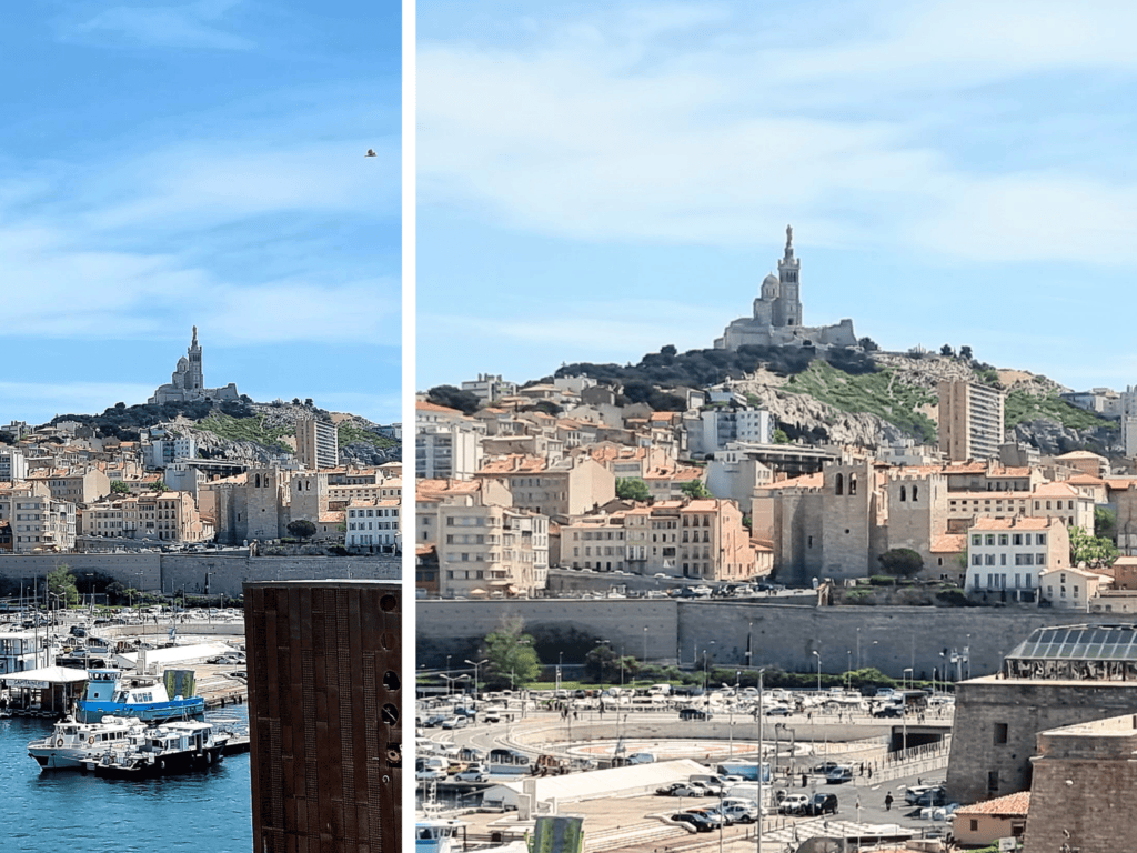Notre-Dame de la Garde auf dem Hügel über Marseille mit Blick über Stadt, Hafen und Mittelmeer.