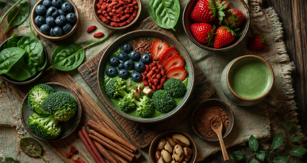 aliments riches en antioxydants variés sur table