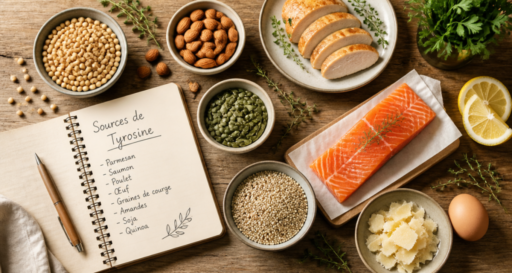 aliments riches en tyrosine variés sur table