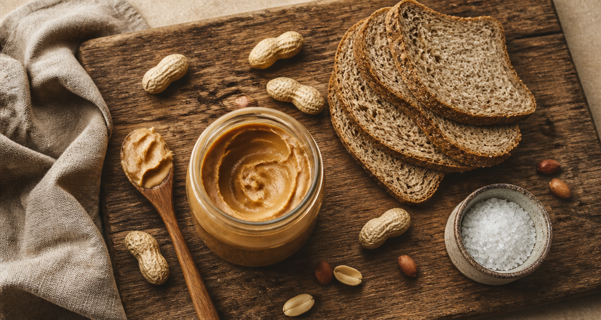beurre de cacahuete bienfaits artisanal sur planche avec pain et cacahuetes