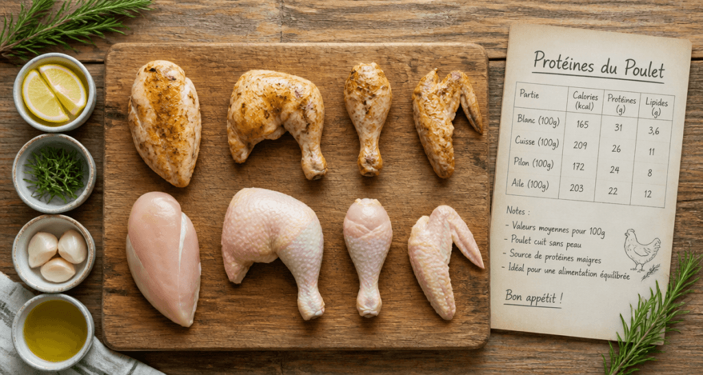 combien de proteines dans 100 g de poulet blanc cuisse pilon aile