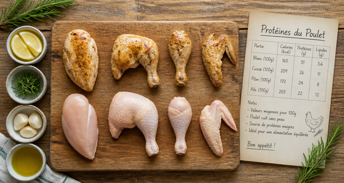 combien de proteines dans 100 g de poulet blanc cuisse pilon aile