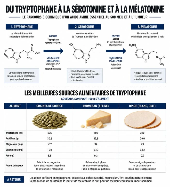 Infographie sur le rôle du tryptophane et les meilleurs aliments riches en tryptophane pour la santé