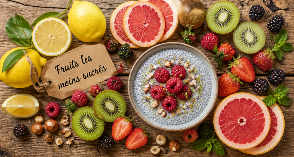 fruits les moins sucres sur planche bois avec pudding chia