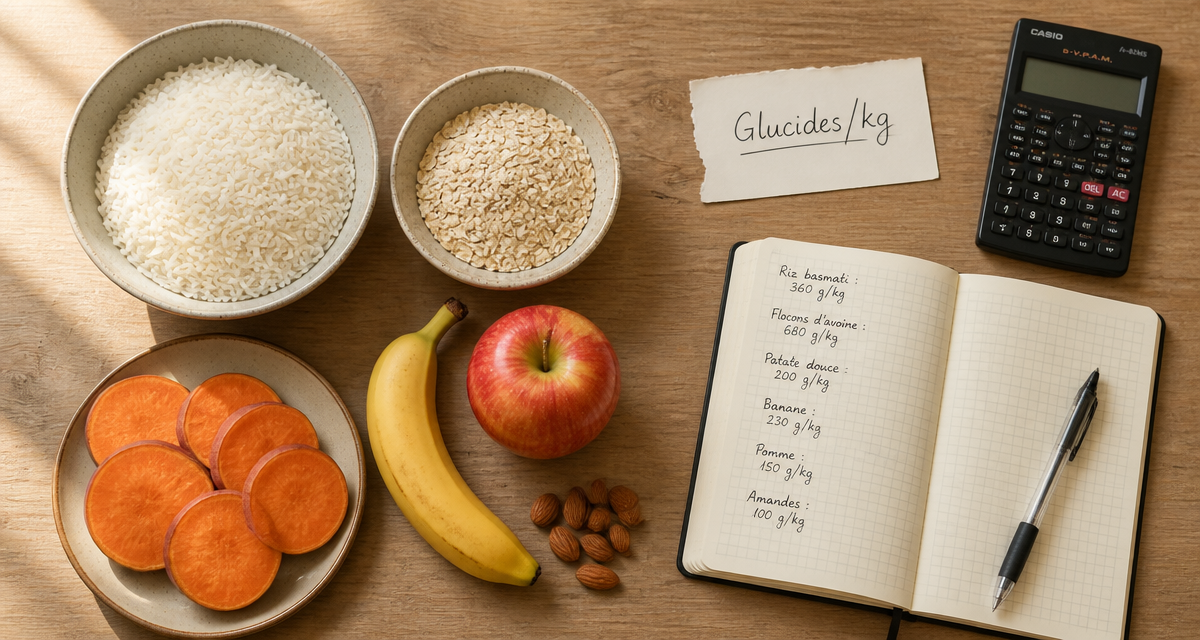 Glucides par kg de poids, aliments et calculatrice sur table