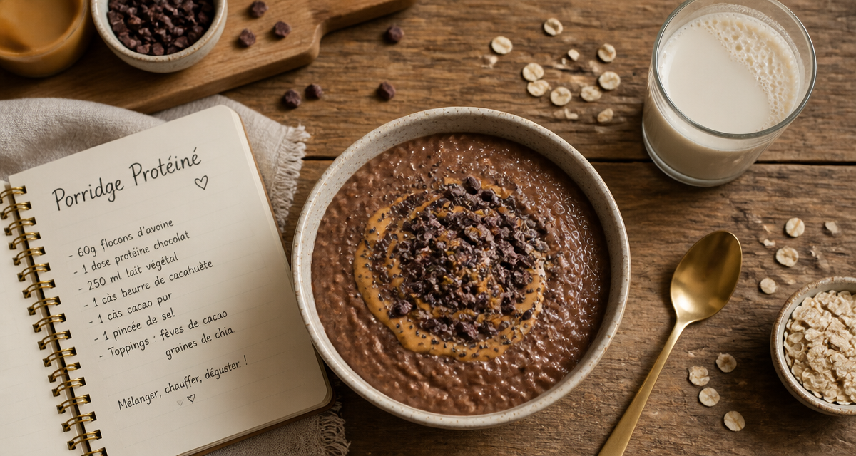 Porridge proteiné chocolat et beurre de cacahuète en bol