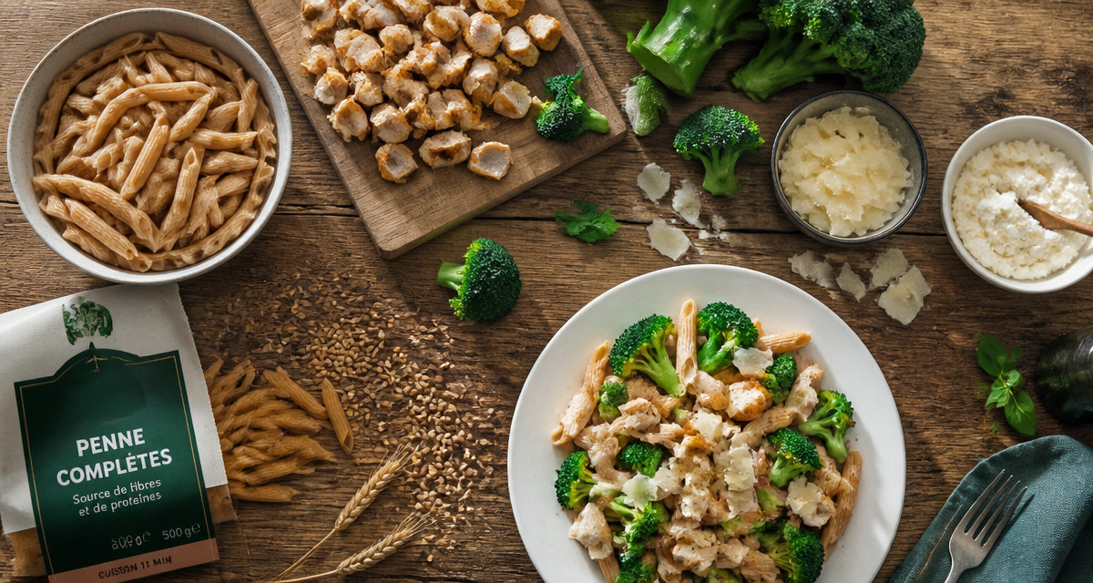 proteine dans les pates penne completes brocoli poulet