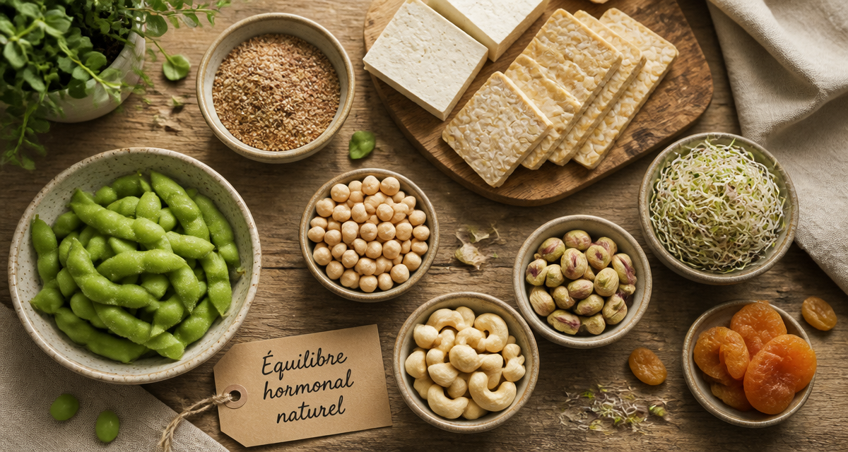 aliments riches en oestrogenes sur table en bois