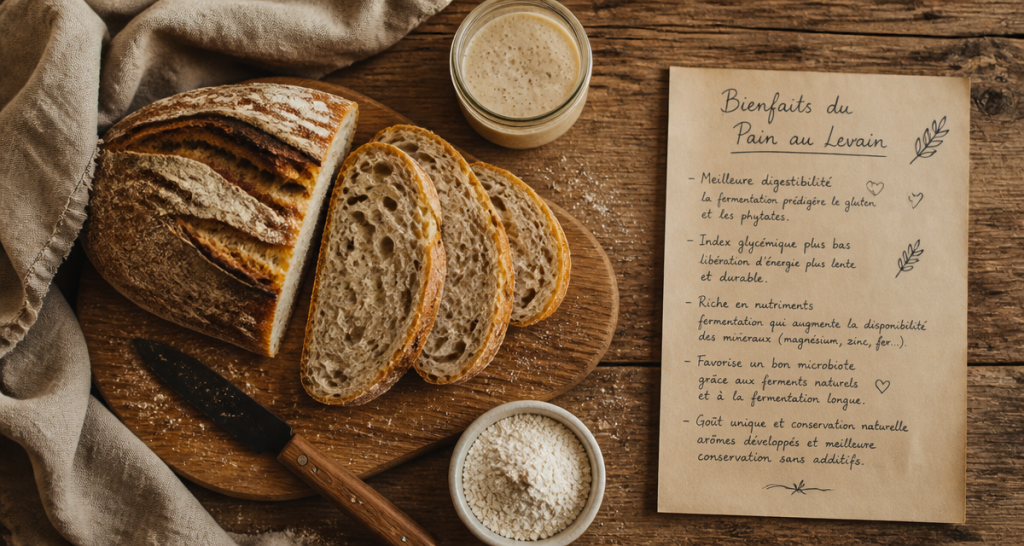 bienfaits du pain au levain sur table rustique