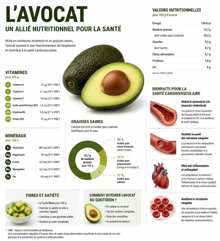 Infographie sur les bienfaits de l'avocat pour la santé et ses apports nutritionnels