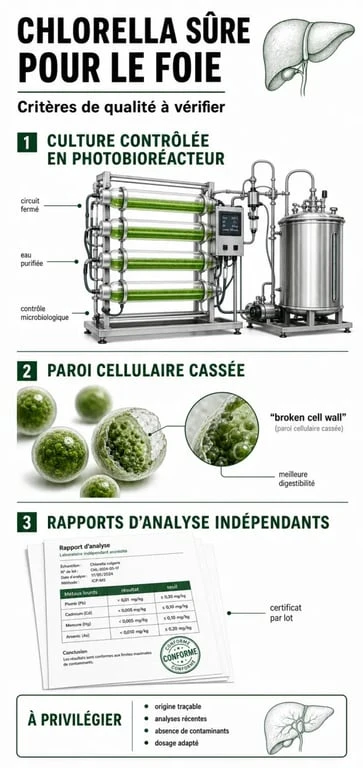 Infographie sur les critères de qualité de la chlorella pour protéger le foie et éviter les dangers