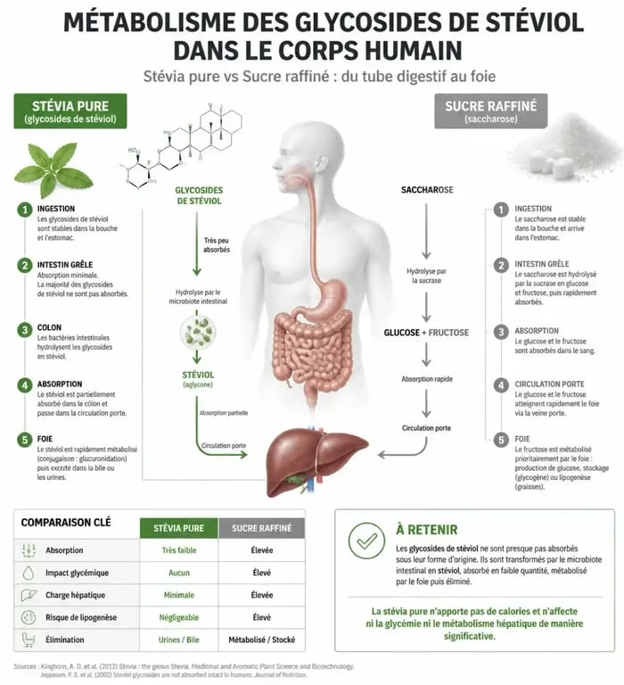 Infographie expliquant le métabolisme de la stévia et son impact sur le foie par rapport au sucre