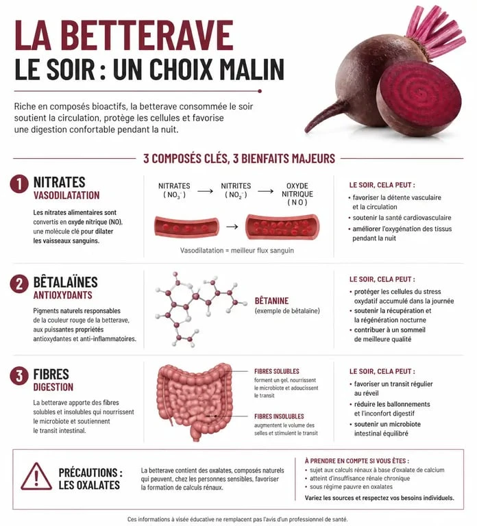 Infographie des bienfaits nutritionnels et précautions de la betterave le soir pour la santé