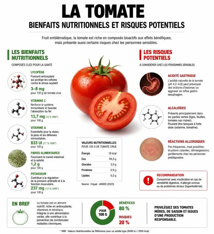 Infographie sur les bienfaits et les risques de manger trop de tomates pour la santé